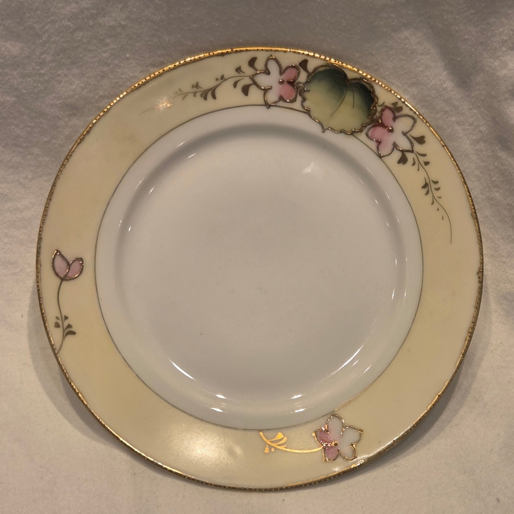 Vintage Hand Painted Nippon Porcelain Floral Plate Gold Moriage Trim Pink Green
